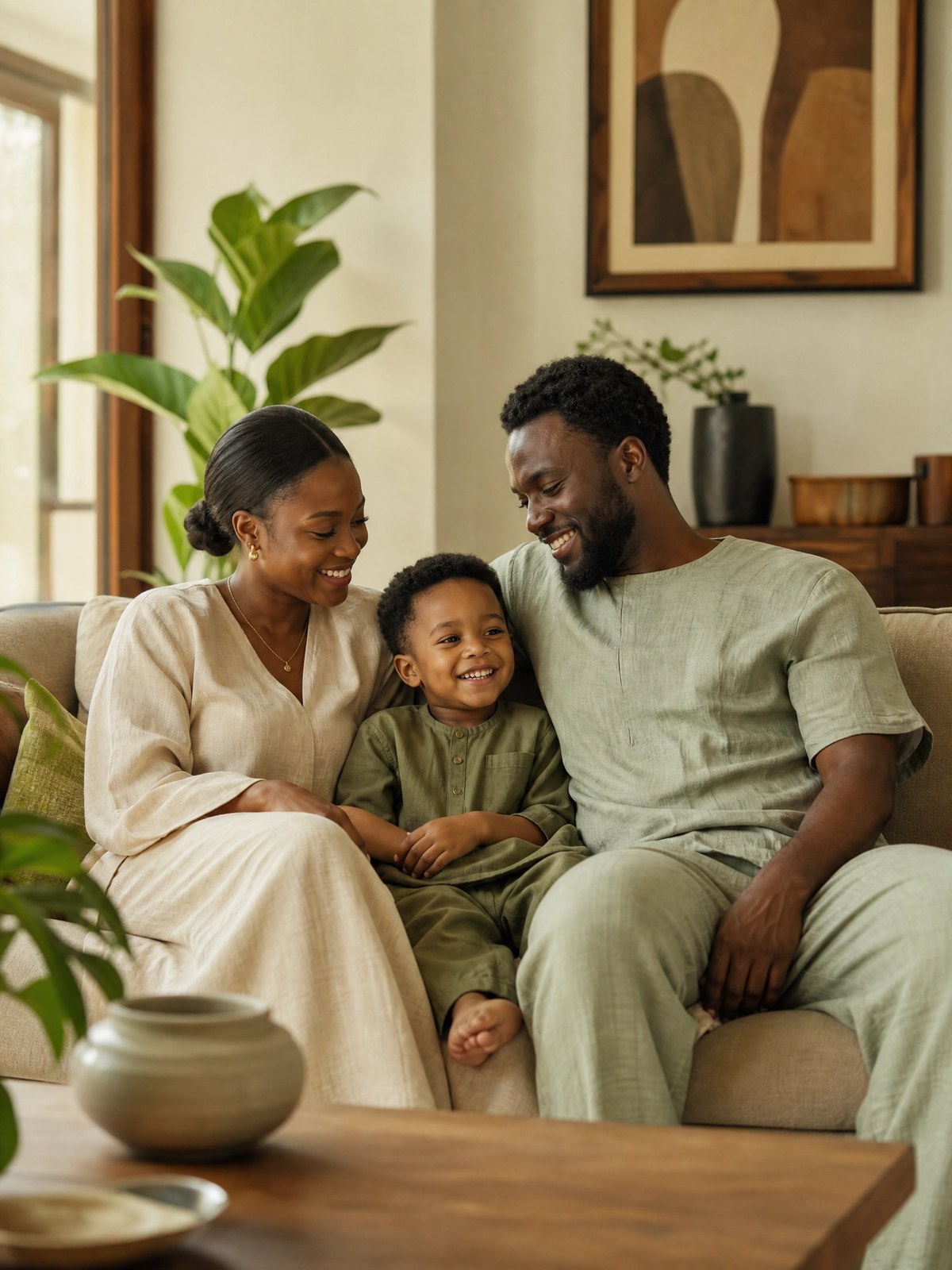 A family relaxing together in a cool, comfortable home